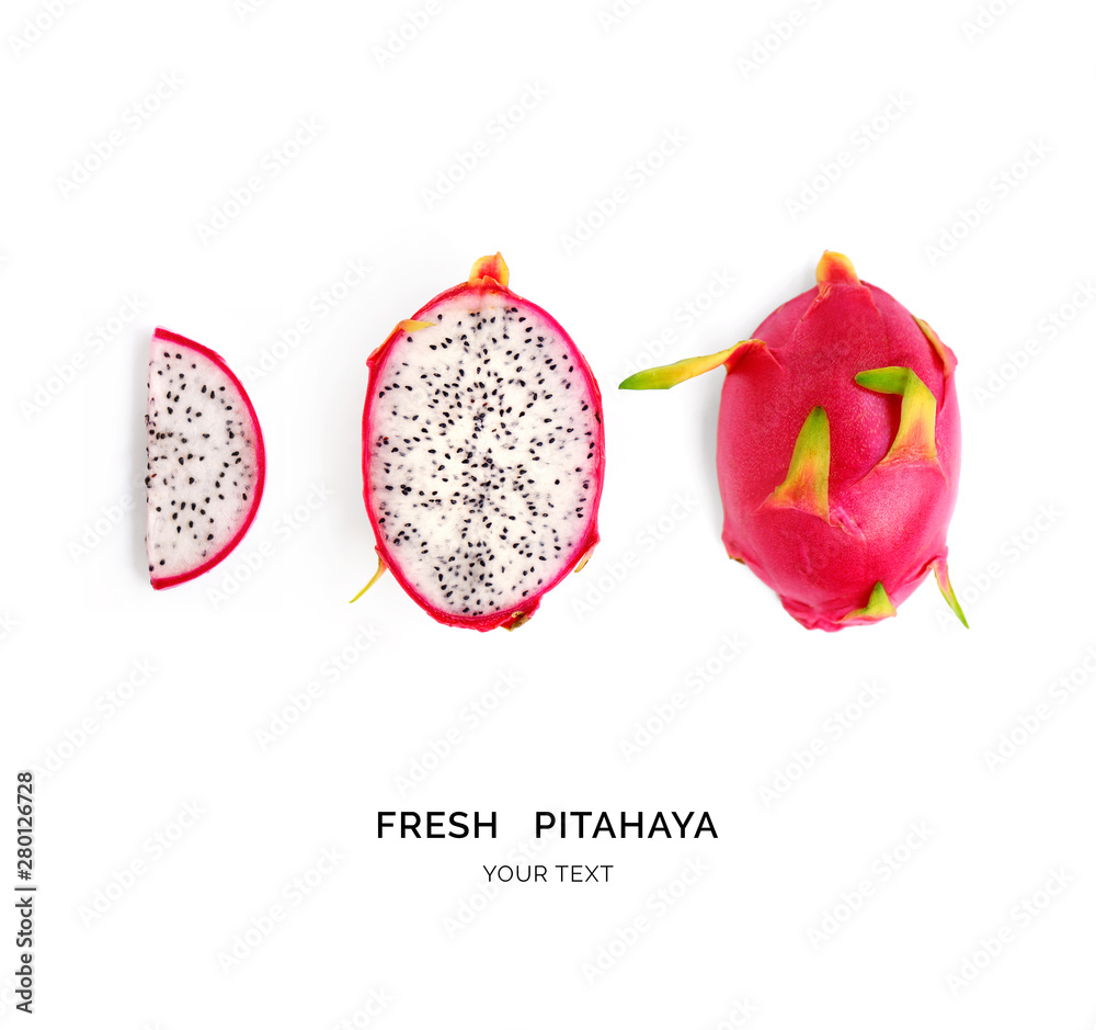 Creative layout made of pitahaya (dragonfruit). Flat lay. Food concept.  Pitahaya (dragonfruit)  on 