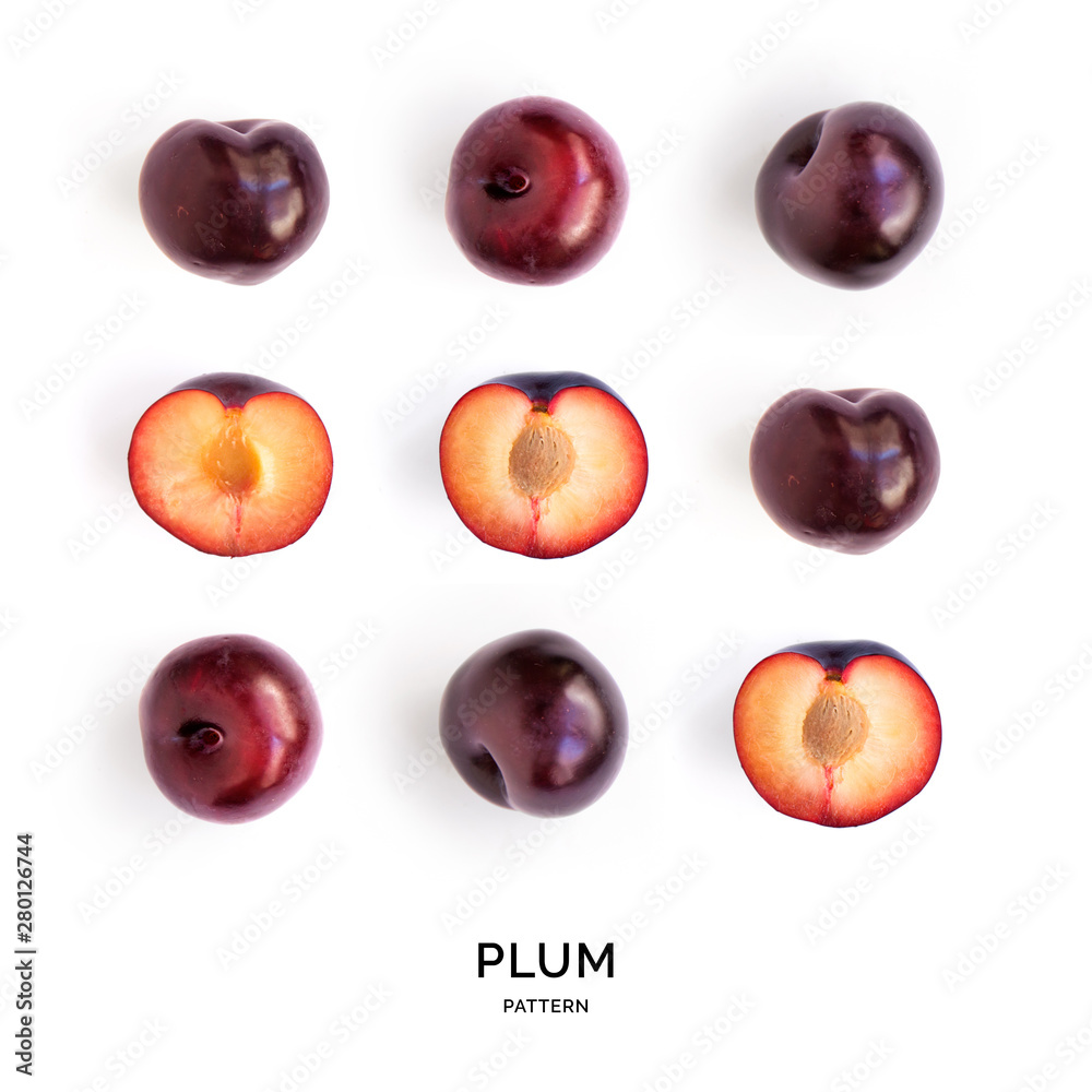 Seamless pattern with plum. Tropical abstract background. Plum on the white background.