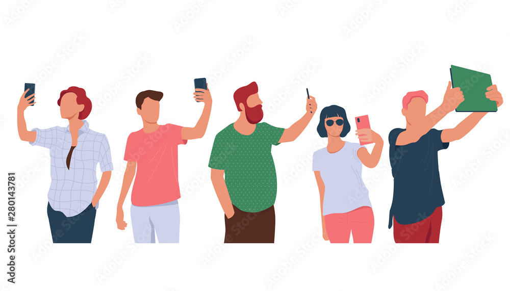 Young people taking selfie photo with smartphones and tablet. Flat vector illustration