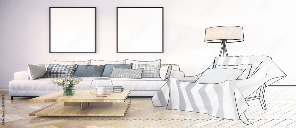 Panorama of a modern living room interior with mockup frames (sketch) - 3d illustration