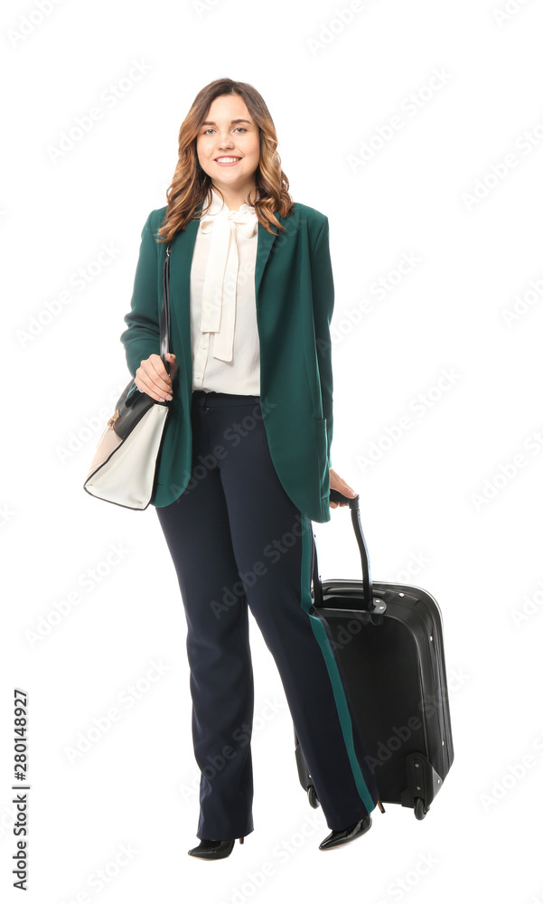 Young woman with luggage ready for business trip, on white background