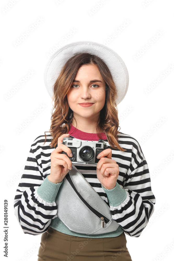 Female tourist with photo camera on white background