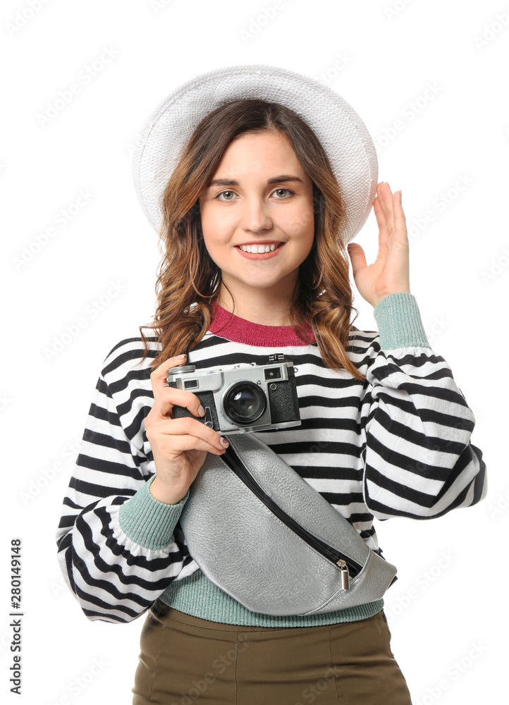 Female tourist with photo camera on white background