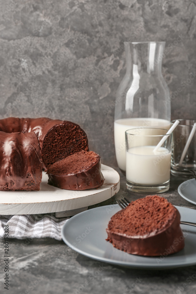 Tasty chocolate cake on table