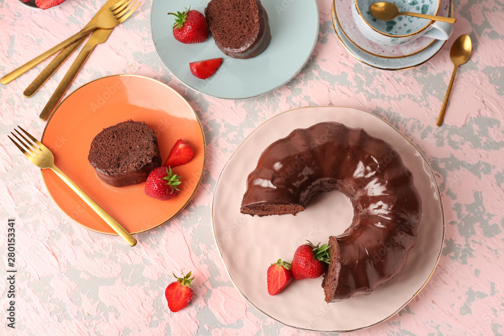 Composition with tasty chocolate cake on table