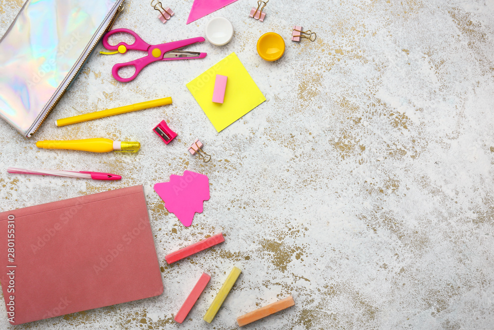 Set of school supplies on light background