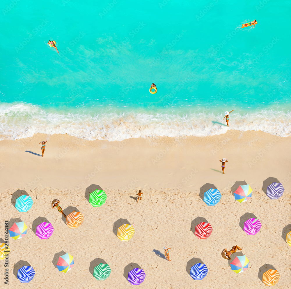 Beach and sea from above happy people sunbath swim