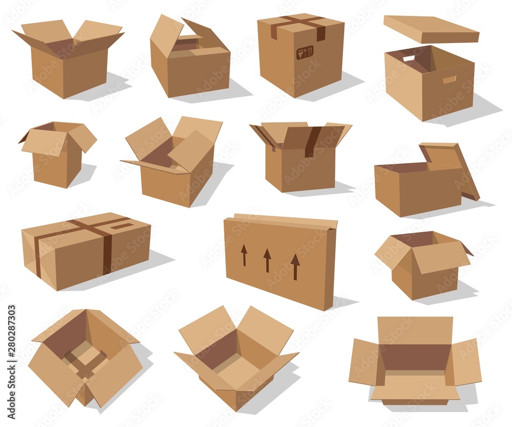 Empty carton boxes, vector cardboard packaging