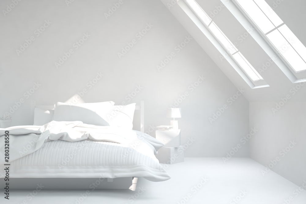 Modern bedroom in white color. Scandinavian interior design. 3D illustration