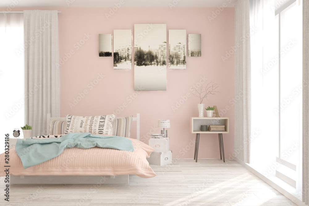 Stylish bedroom in pink color. Scandinavian interior design. 3D illustration