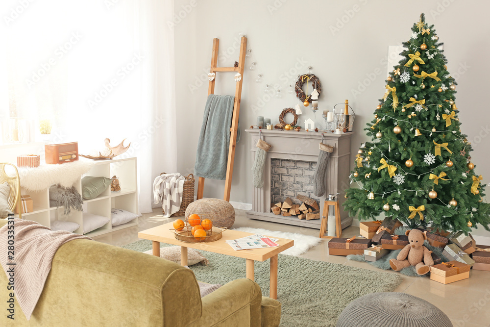 Interior of beautiful living room decorated for Christmas