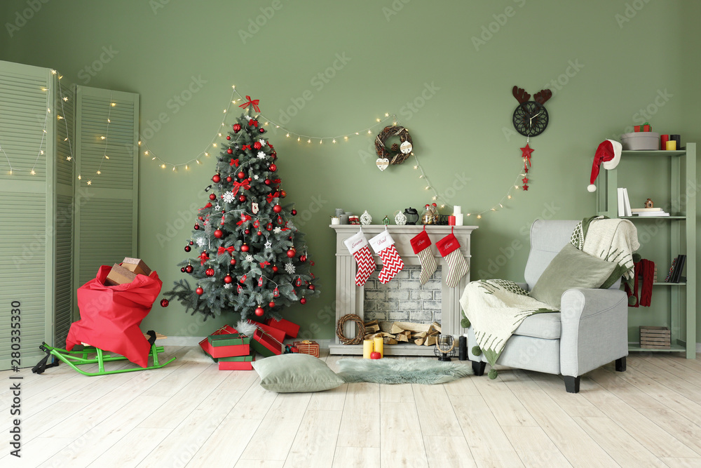 Interior of beautiful room decorated for Christmas