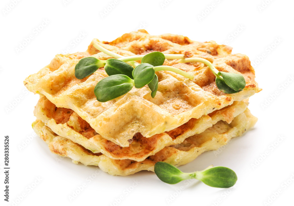 Tasty squash waffles on white background