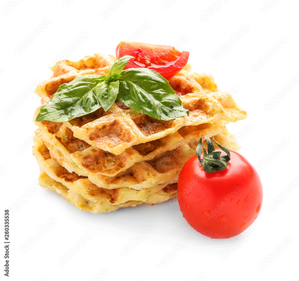 Tasty squash waffles with tomato on white background