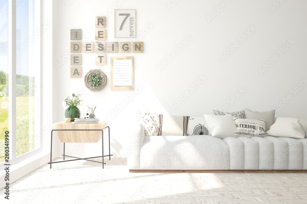 Stylish room in white color with sofa. Scandinavian interior design. 3D illustration