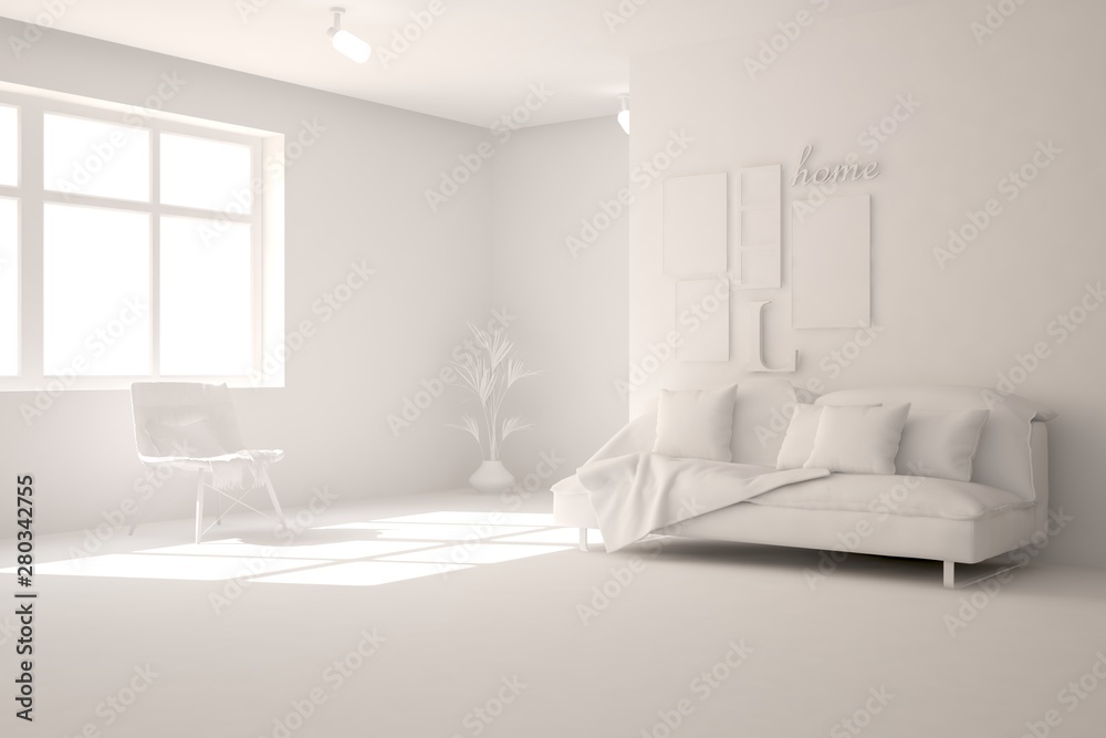 Mock up of stylish room in white color with sofa. Scandinavian interior design. 3D illustration