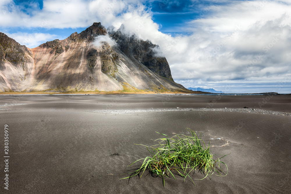 Icelan的Stokksnes海角上，阳光明媚的一天，碧波荡漾的黑色沙滩和绿草如茵