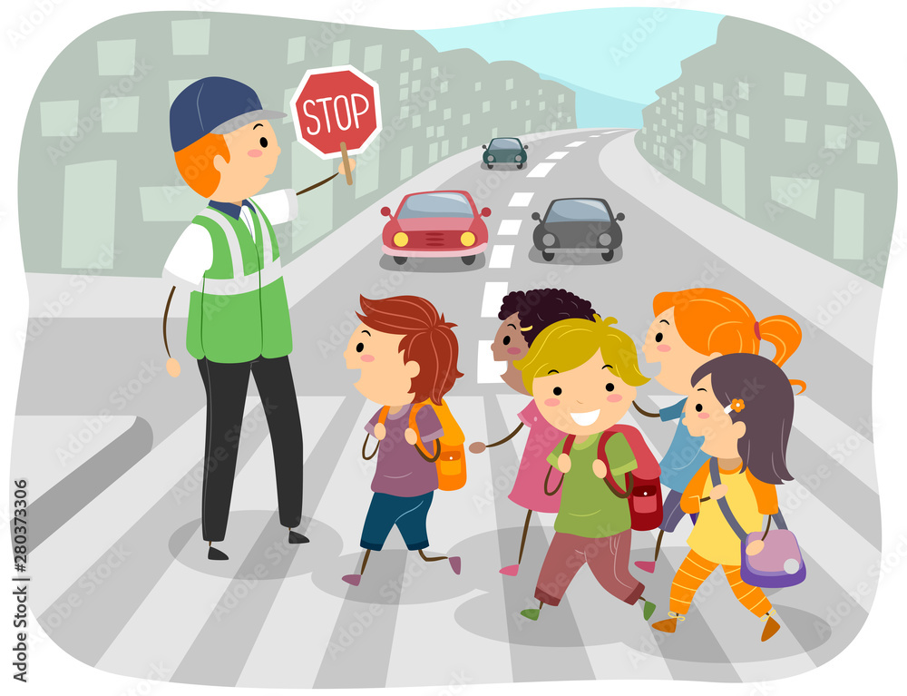 Stickman Kids School Crossing Guard Illustration