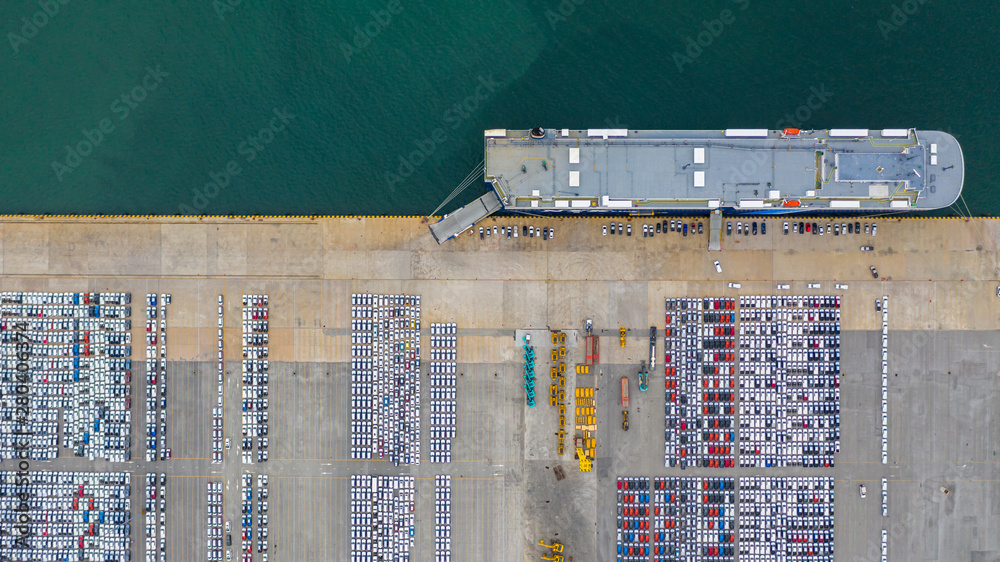 Aerial view new cars export terminal, New cars waiting for import export at deep sea port.