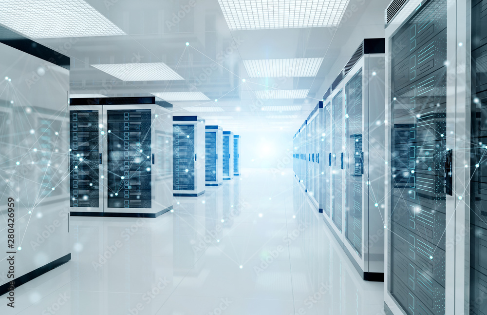 Connection network in servers data center room storage systems 3D rendering