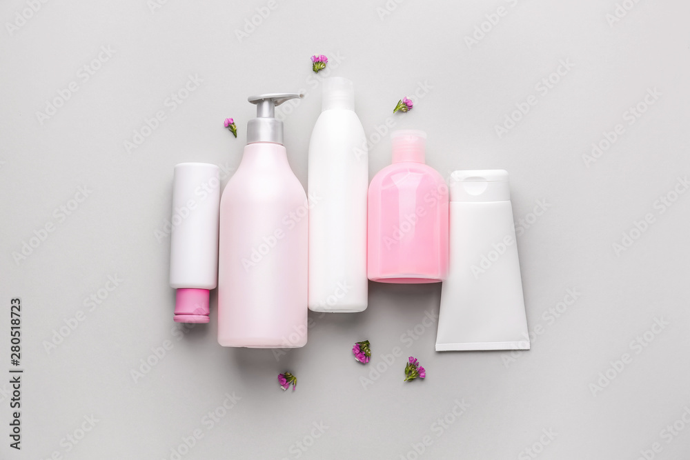 Set of cosmetic products on light background