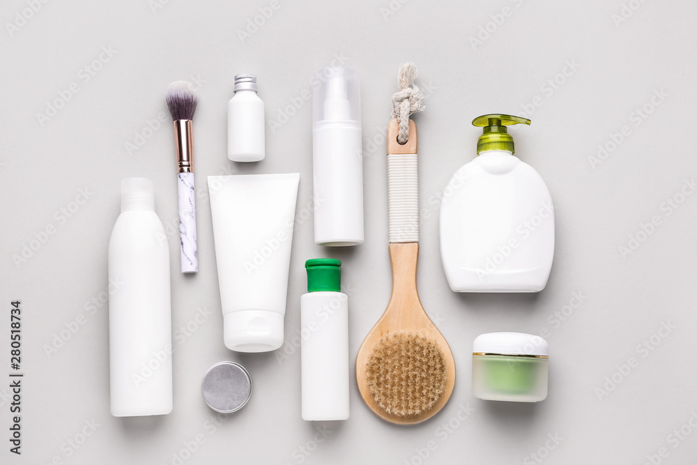 Set of cosmetic products on light background