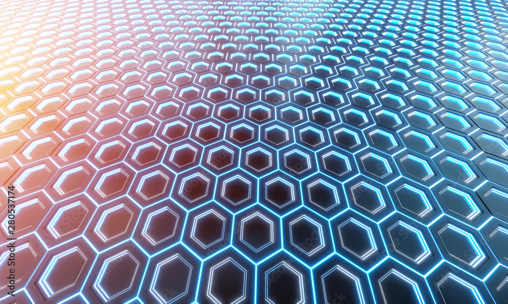 Glowing black blue and orange hexagons background pattern on silver metal surface 3D rendering