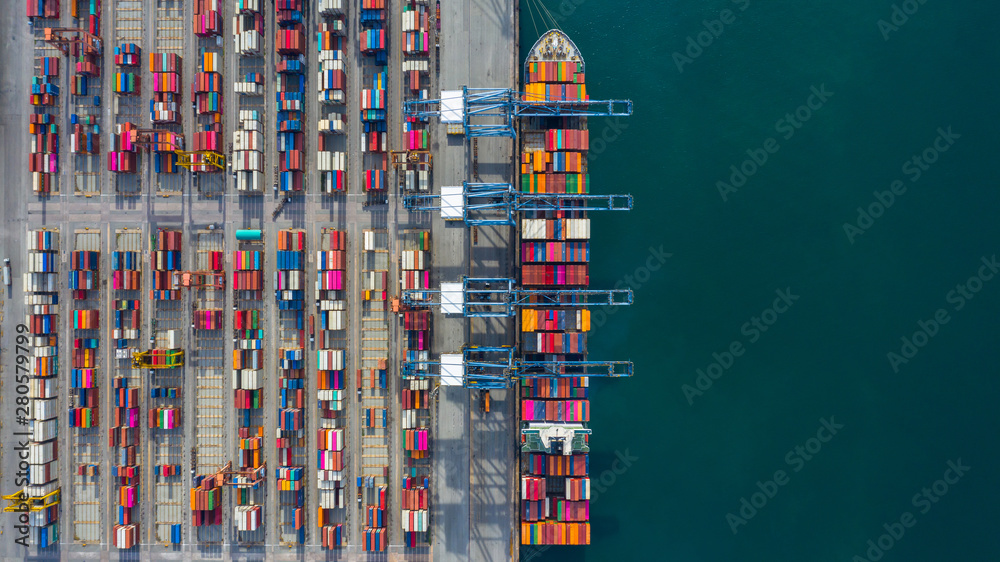 Aerial view cargo ship terminal, Unloading crane of cargo ship terminal, Aerial view industrial port