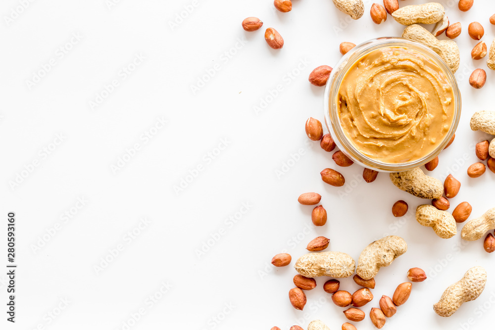 peanut butter for cooking breakfast at home on white background top view mock up