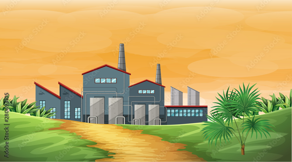 Factory scene with smoke stacks and cooling towers