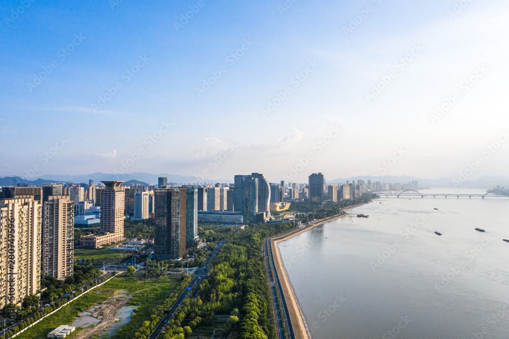 中国杭州城市天际线全景