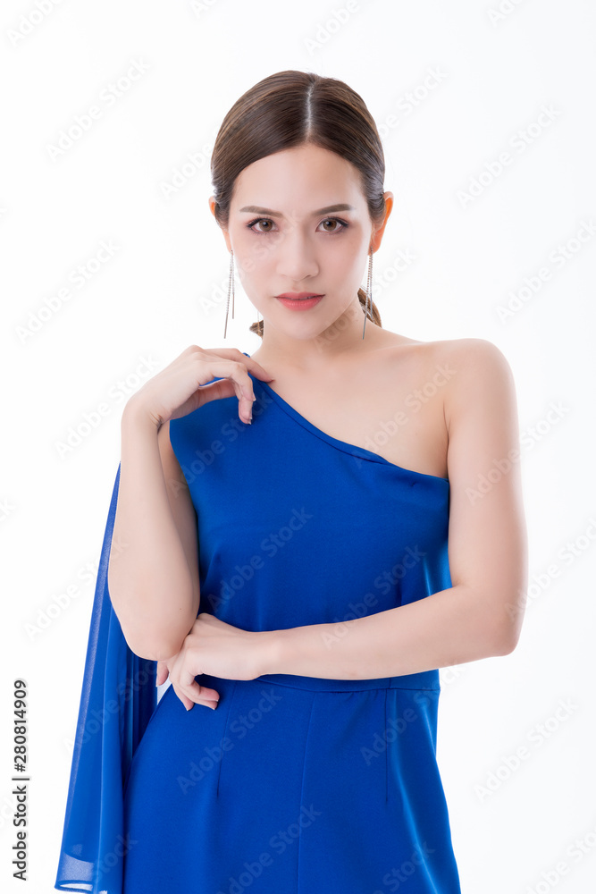 beautiful asian presenter woman dress smile and look camera portrait white background