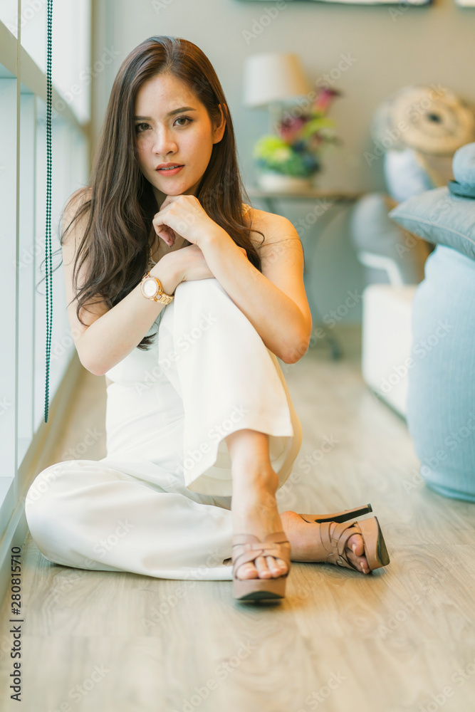 asian beautiful woman with brown long hair portrait white costume liftstyle concept