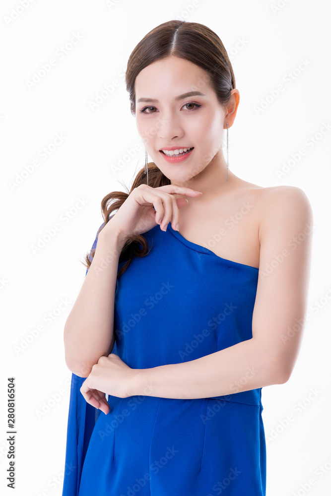 beautiful asian presenter woman dress smile and look camera portrait white background