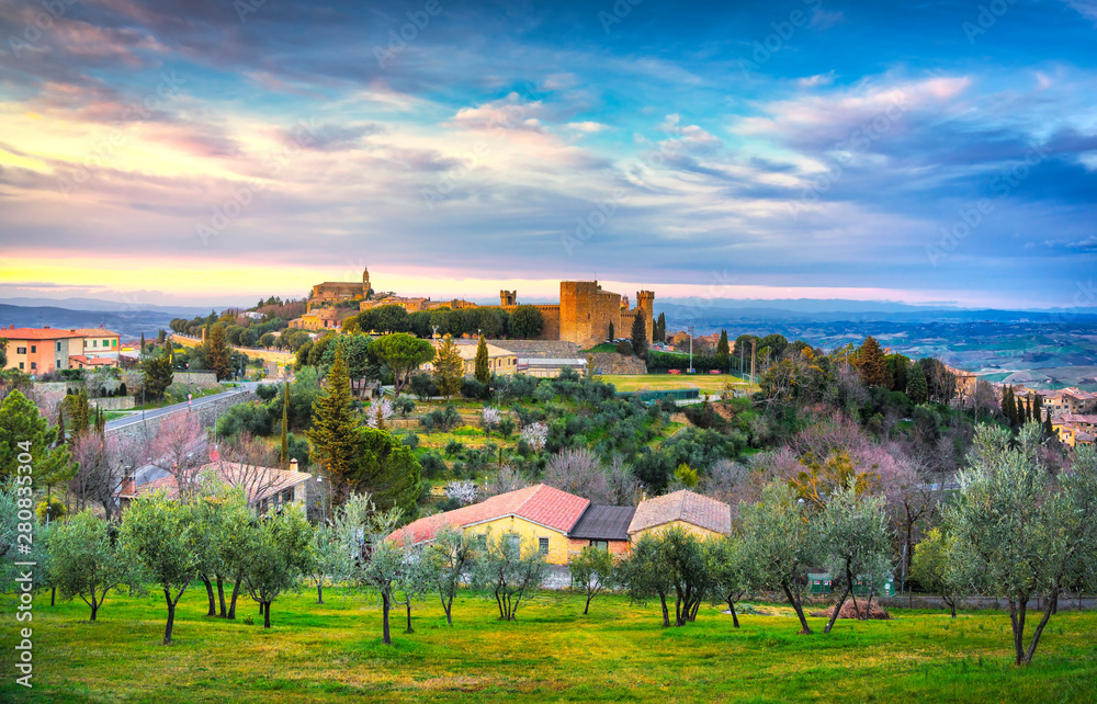 Tuscany, Montalcino medieval village, fortress and church. Siena, Italy