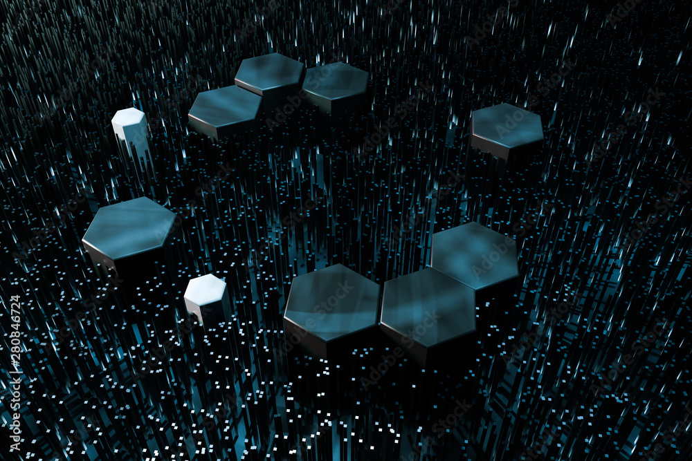 Dark hexagonal platforms connected together background, 3d rendering