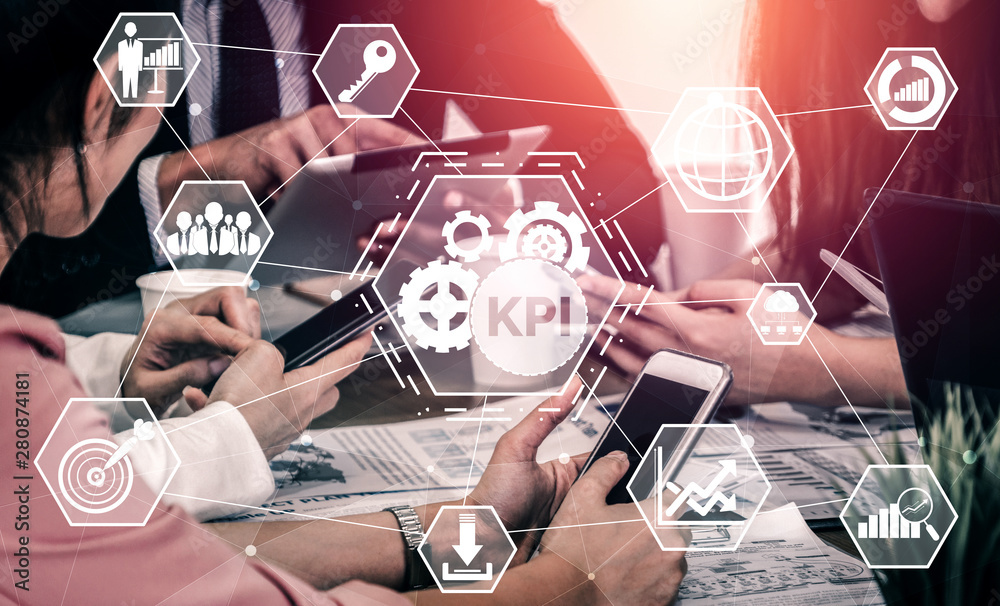 KPI Key Performance Indicator for Business Concept - Modern graphic interface showing symbols of job