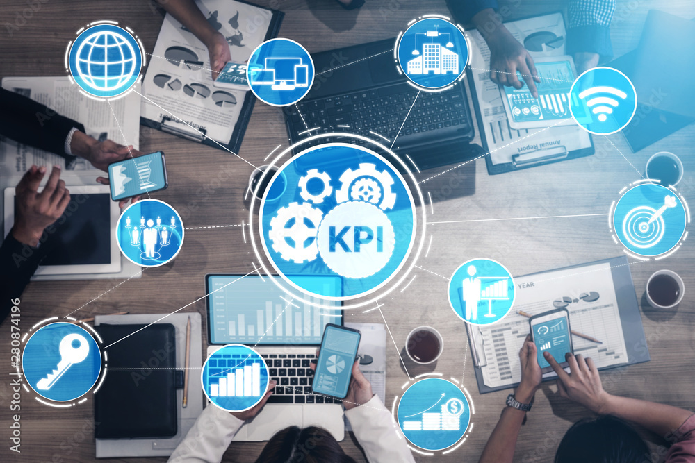 KPI Key Performance Indicator for Business Concept - Modern graphic interface showing symbols of job