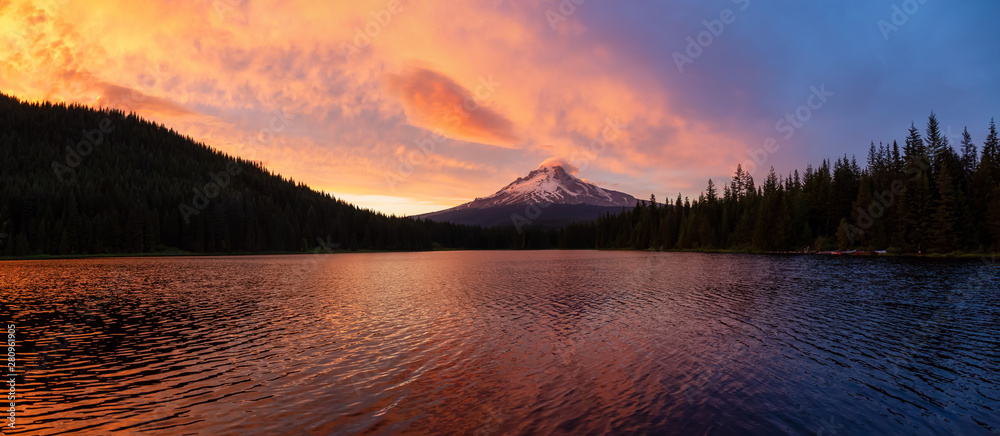 Beautiful Panoramic Landscape View of Mt Hood during a dramatic cloudy sunset. Taken from Trillium L