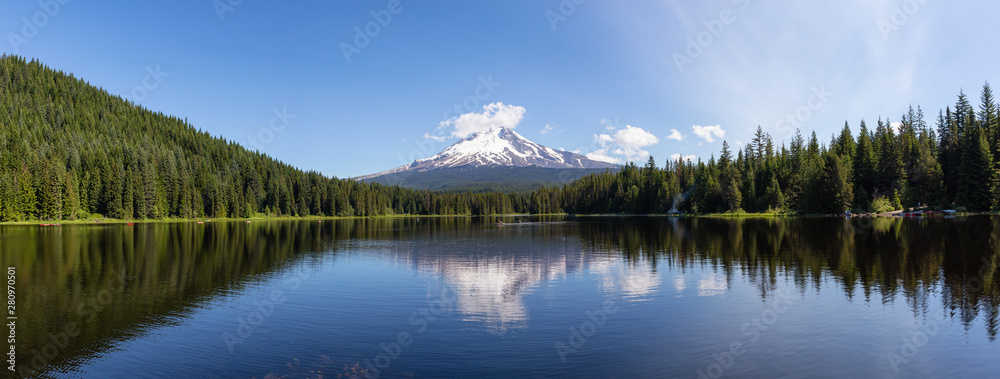 Beautiful Panoramic Landscape View of a Lake with Mt Hood in the background during a sunny summer da