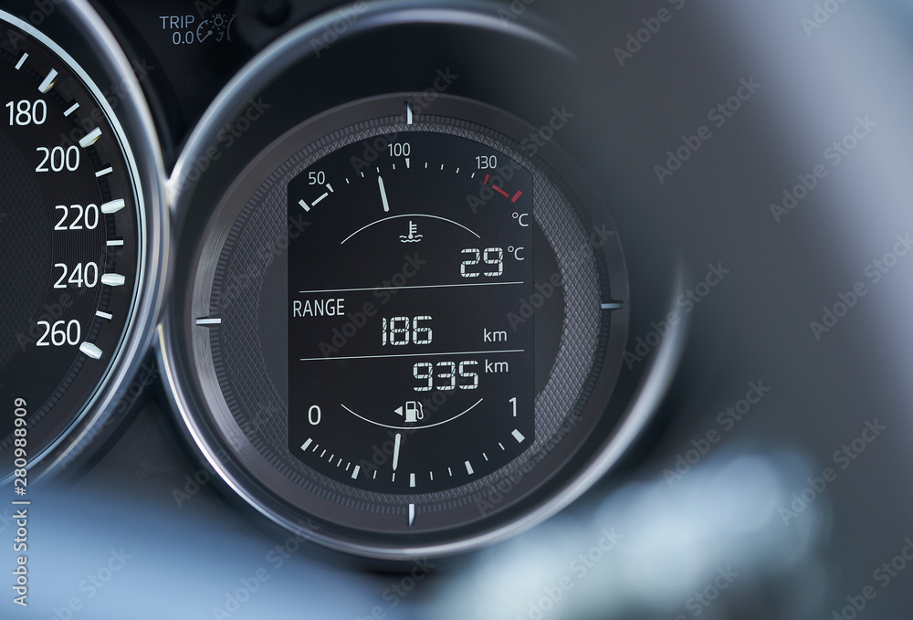 Closeup of a modern car interior with information display console