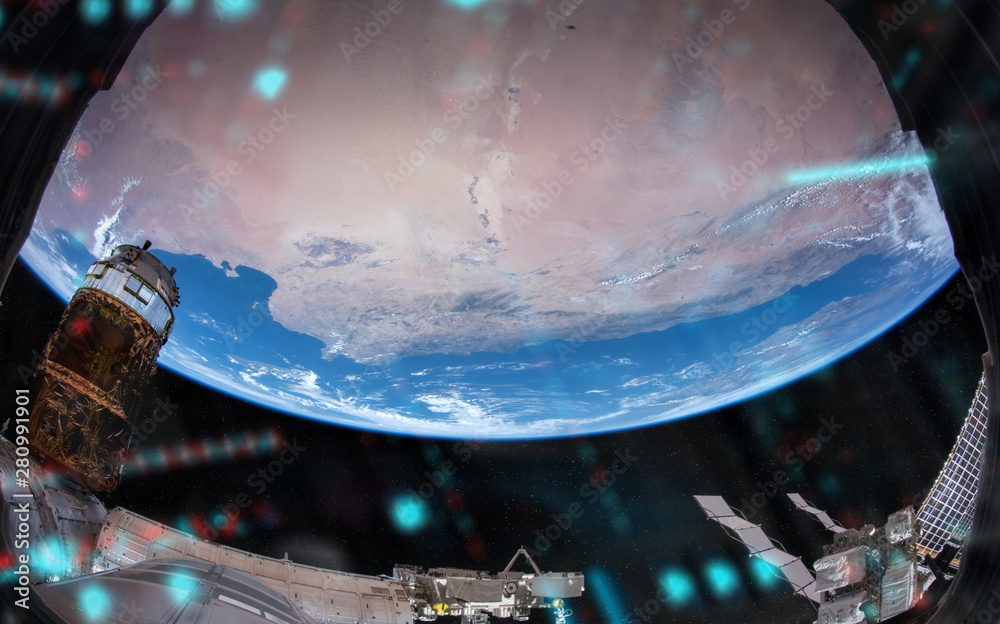 View of planet Earth from a space station window during a sunrise 3D rendering elements of this imag