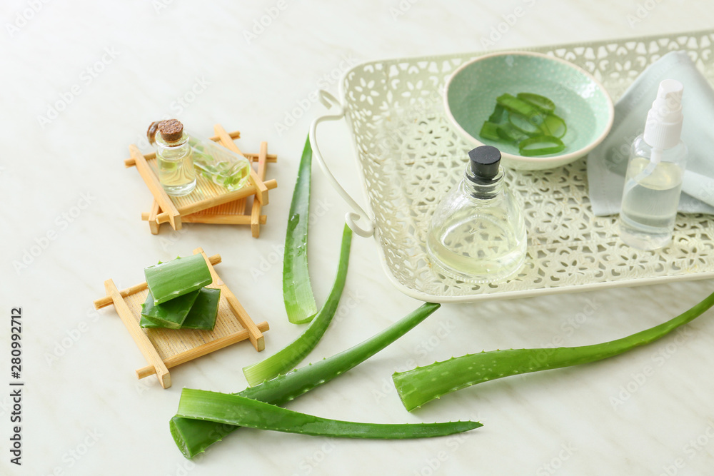 Composition with aloe vera on light background