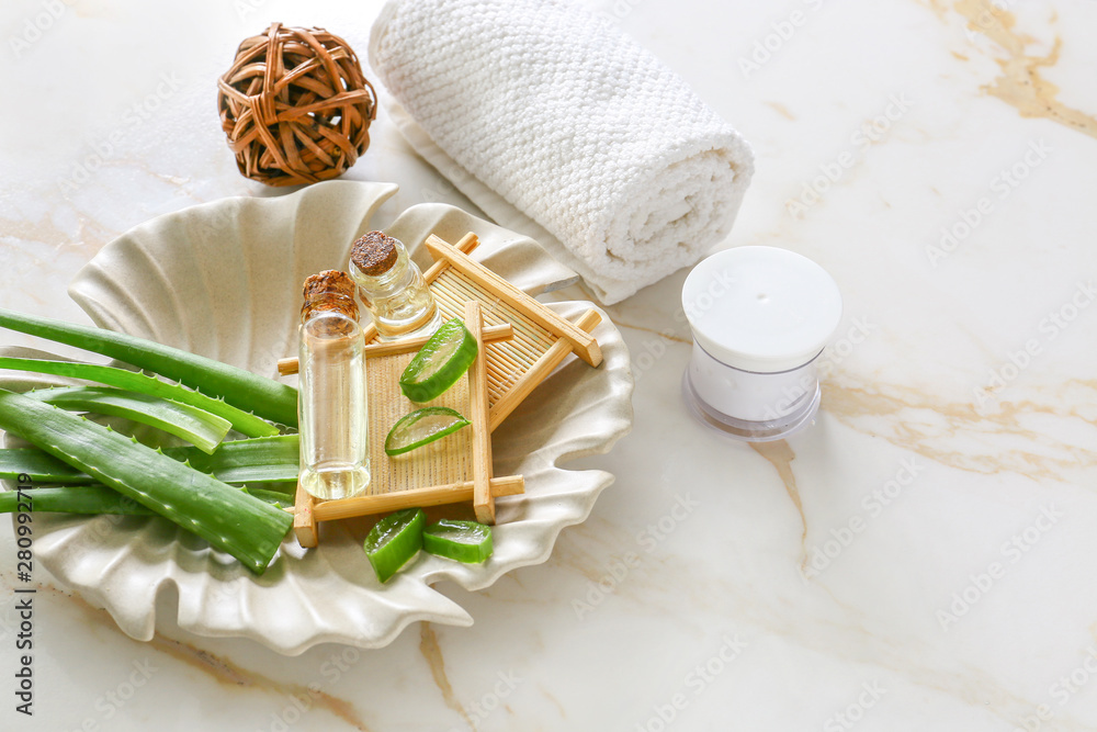 Spa composition with aloe vera on light background