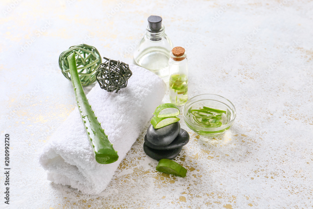 Spa composition with aloe vera on light background