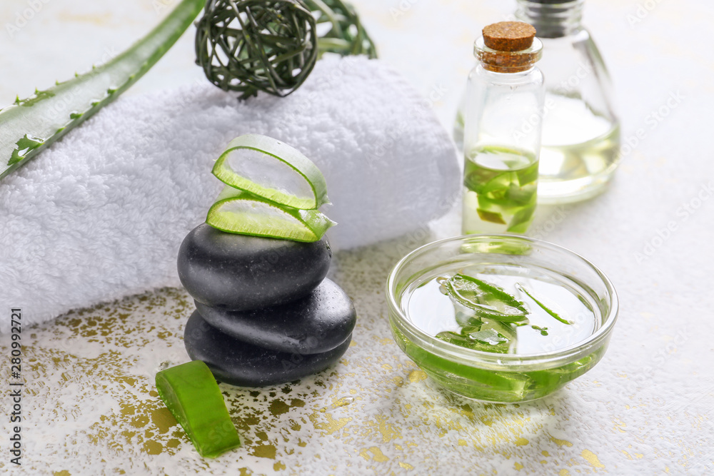 Spa composition with aloe vera on light background