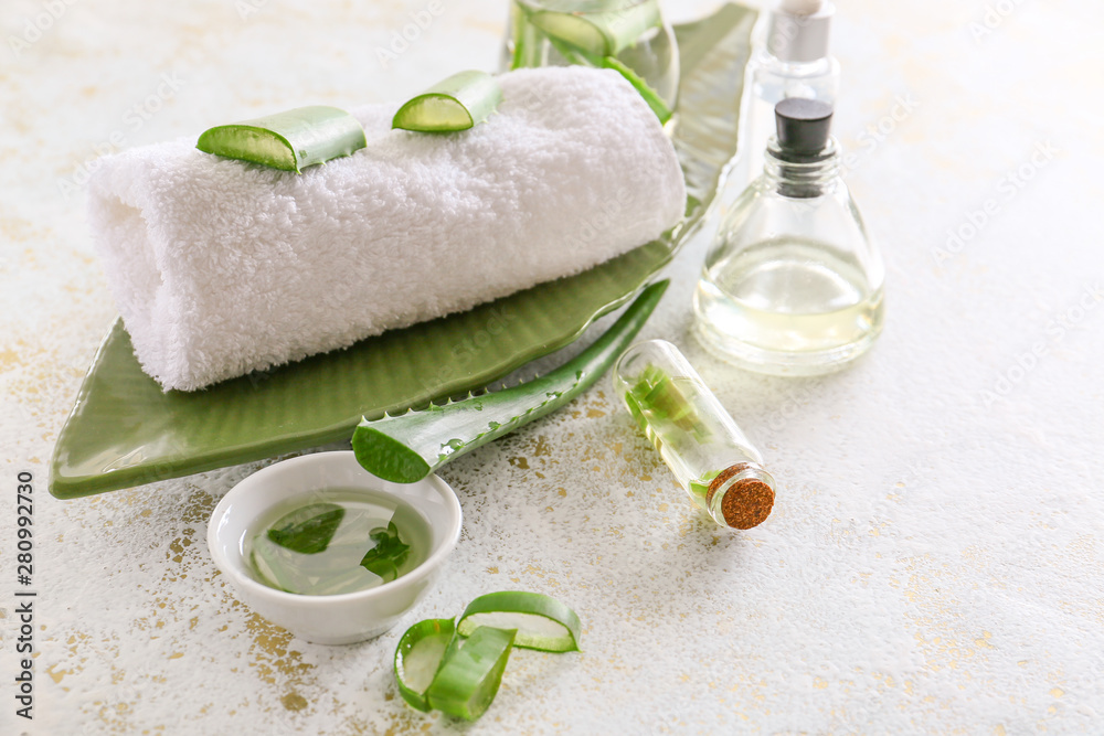 Spa composition with aloe vera on light background