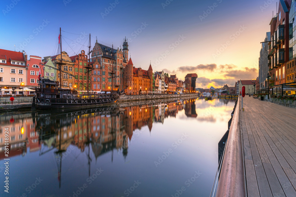 Gdansk with beautiful old town over Motlawa river at sunrise, Poland.