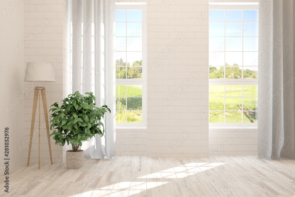 Stylish empty room in white color with summer landscape in window. Scandinavian interior design. 3D 