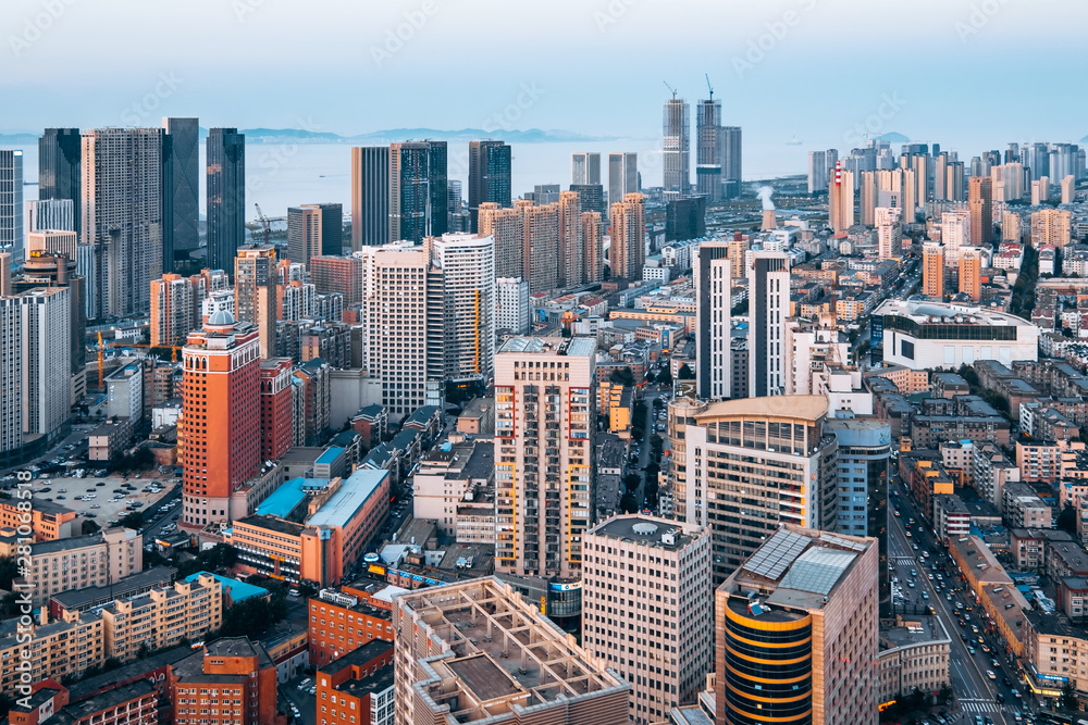 City twilight skyline in Dalian, Liaoning Province, China	